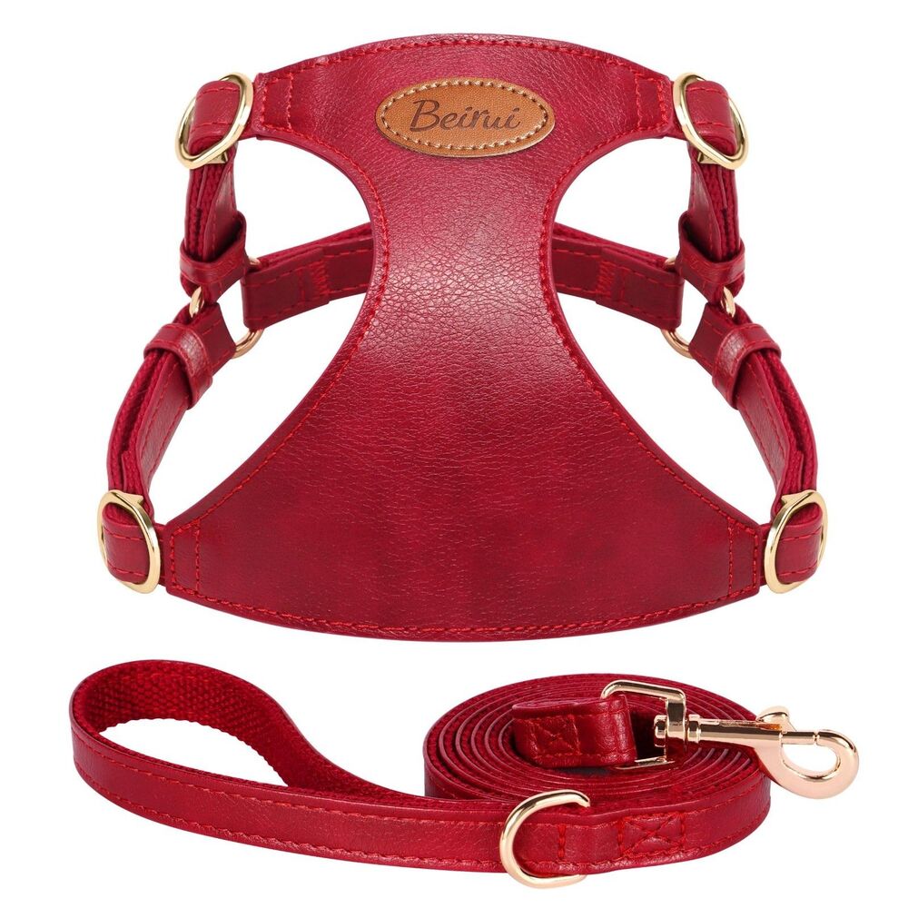 Beirui Small Dog Harness and Leash Set, PU Leather, Red, Size Medium
